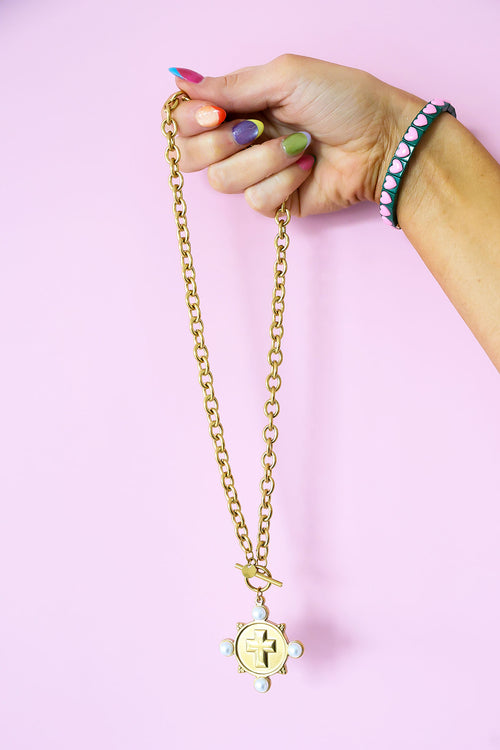 He Is My Strength Pearl Cross Necklace