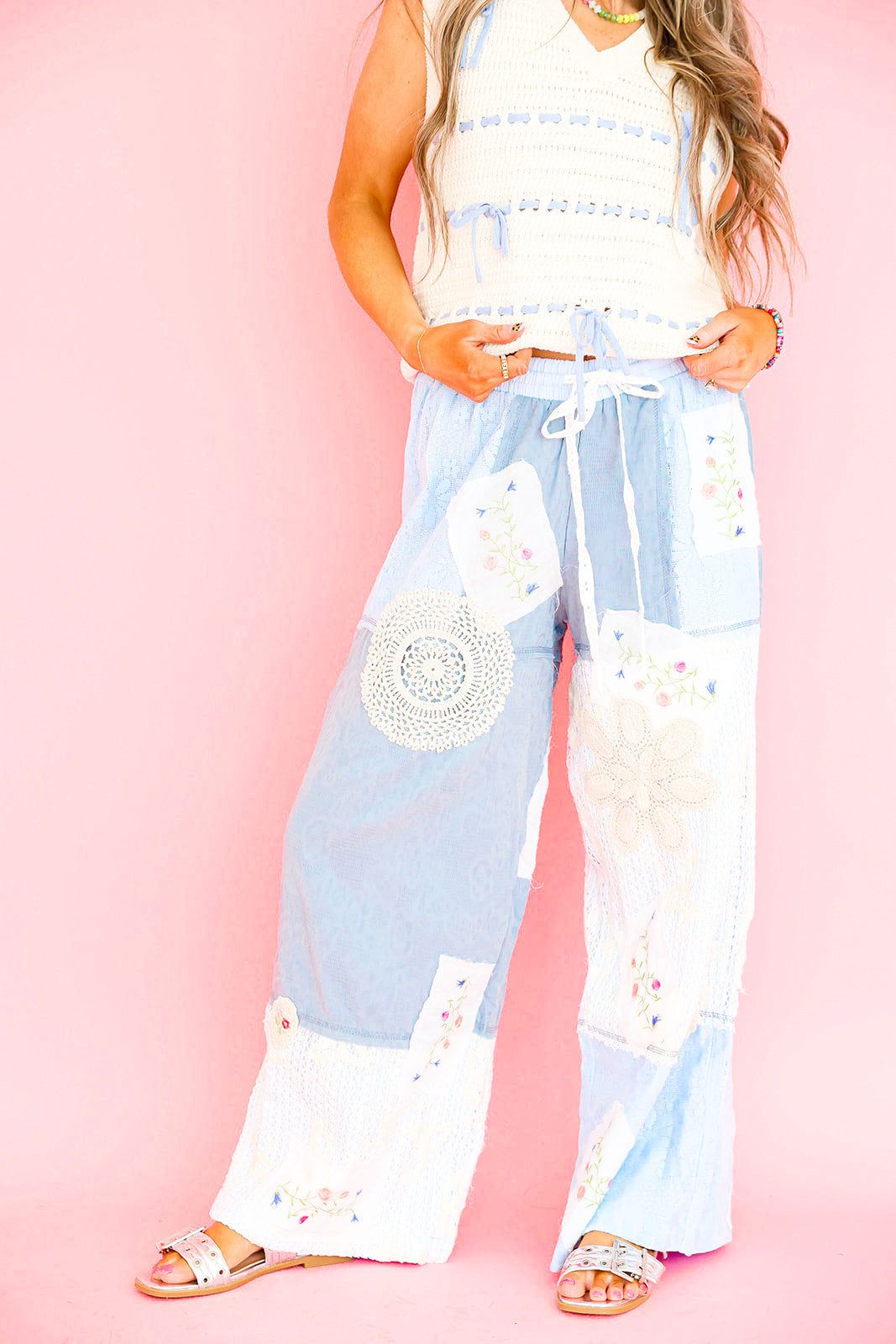 Pretty In Patchwork Floral Detail Pants-Blue