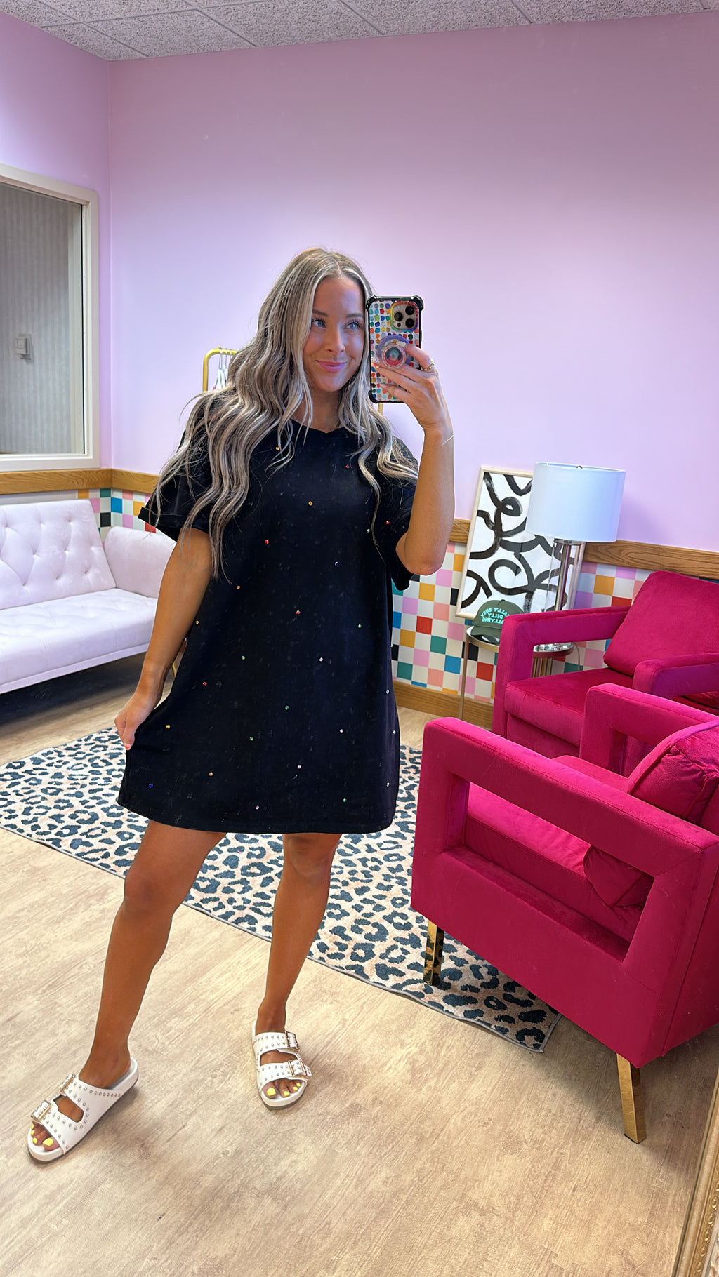 Multi Rhinestone Acid Wash Tshirt Dress-RESTOCK