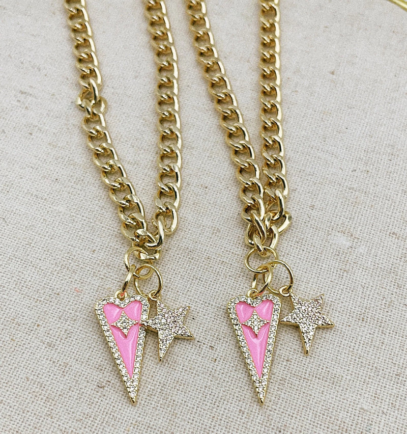 Pink Heart + Gold Star Charm Necklace