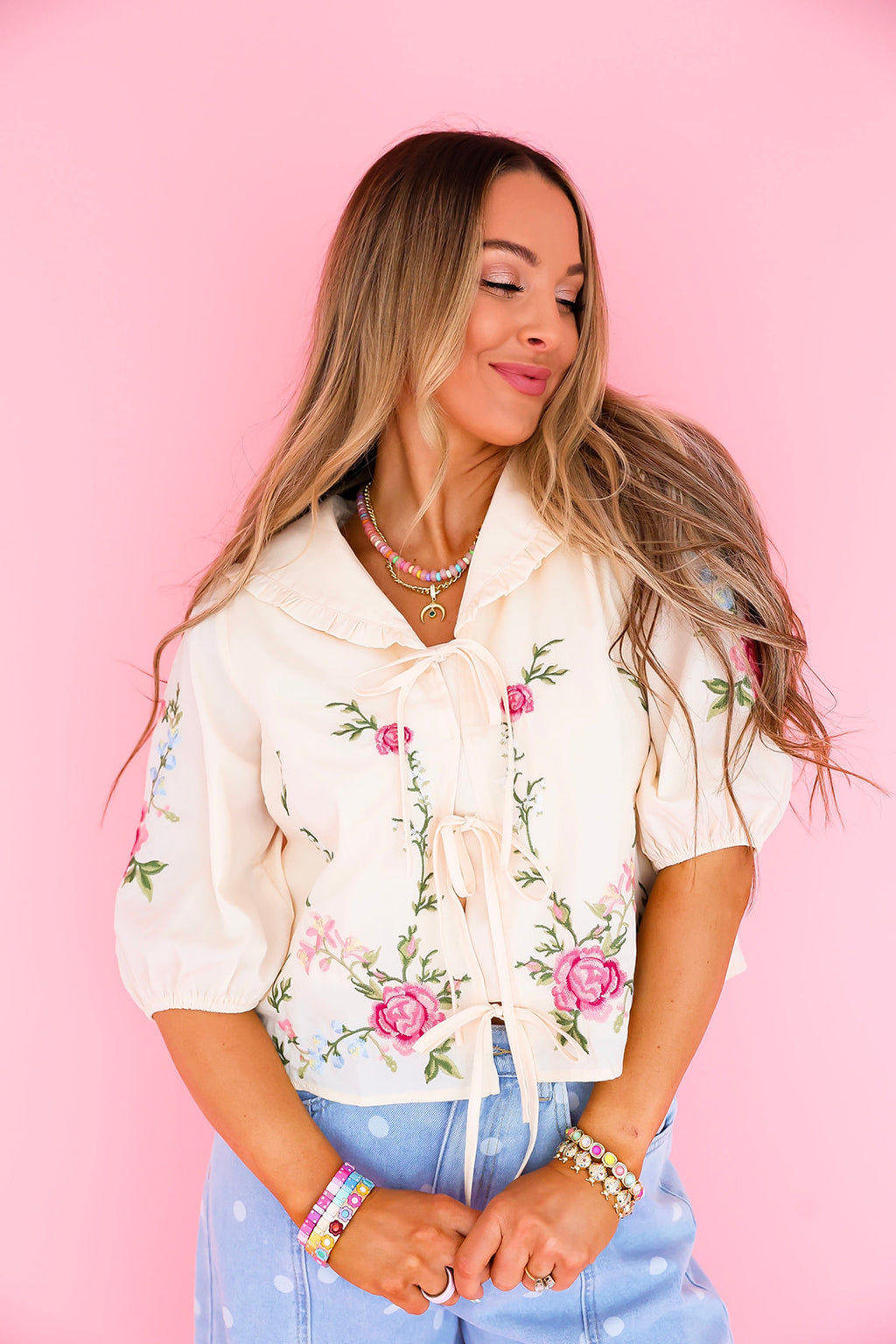 Sweet Embroidered Front Tie Top