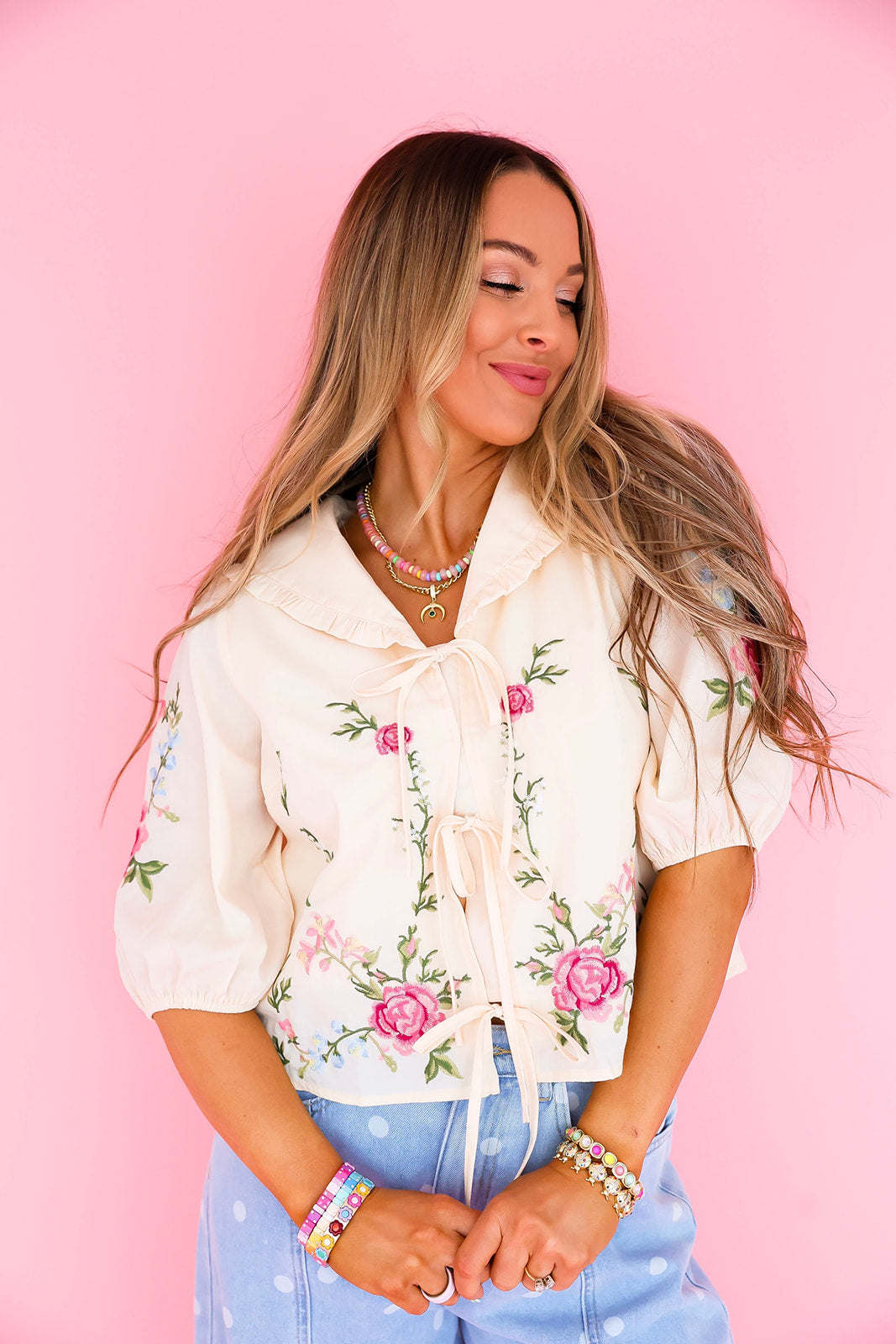 Sweet Embroidered Front Tie Top