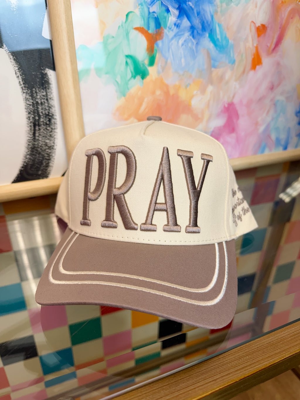 PRAY Puff Embroidered Trucker Hat – Cream