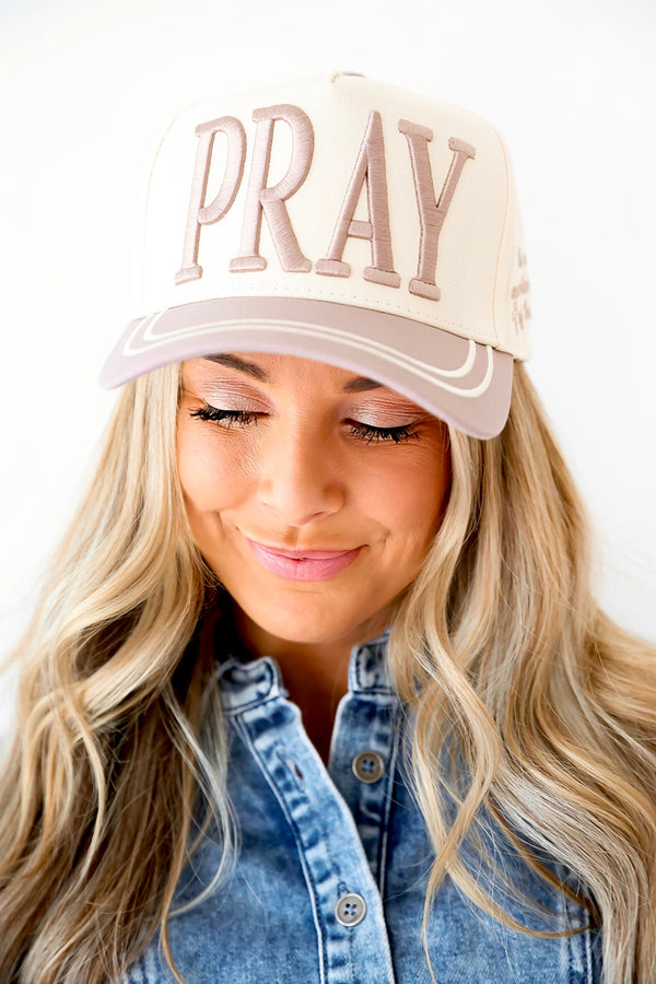 PRAY Puff Embroidered Trucker Hat – Cream