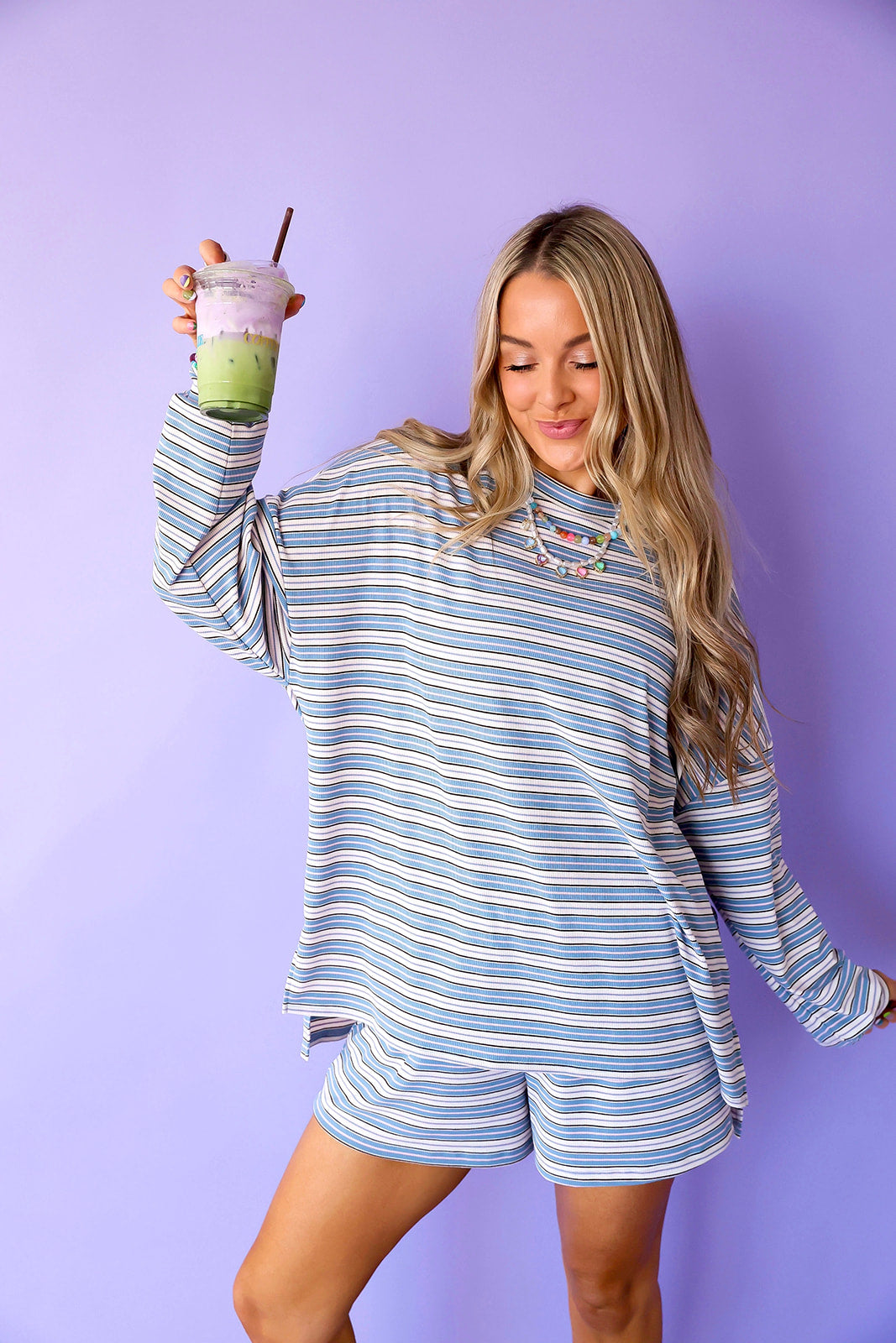 The Feel Good Ribbed Set-Blue/Pink Combo