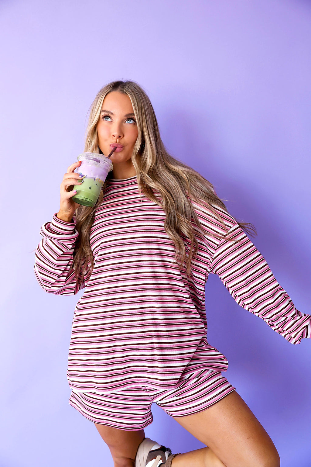 The Feel Good Ribbed Set-Pink/Brown Combo