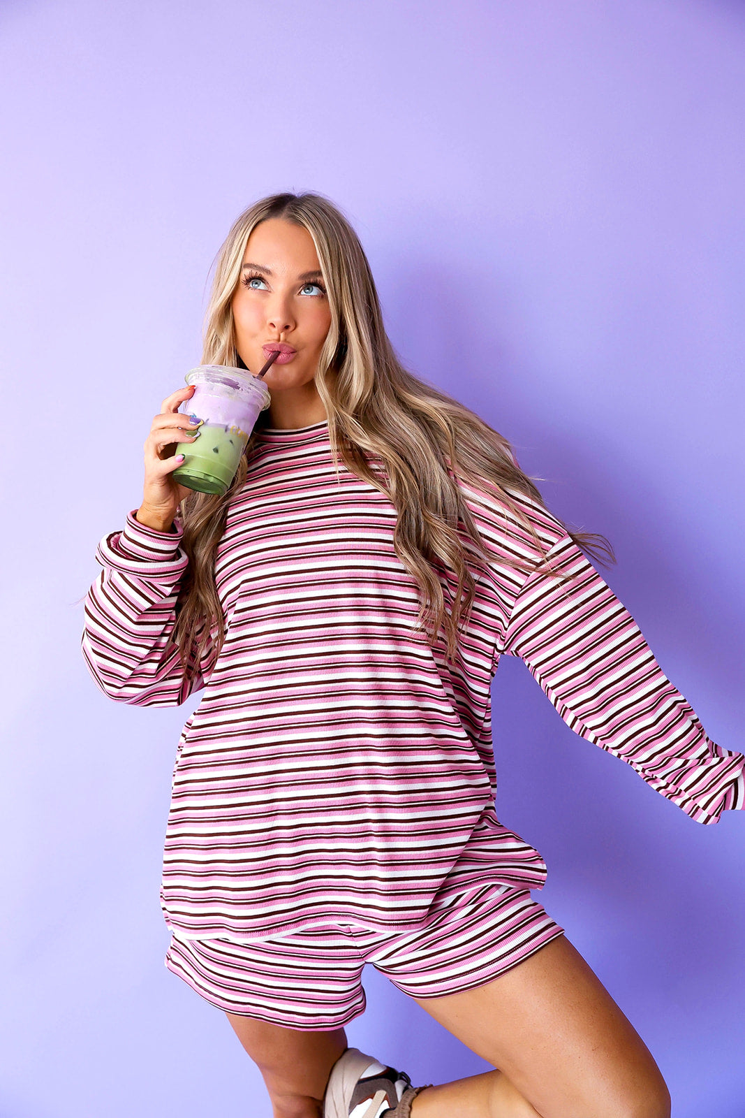 The Feel Good Ribbed Set-Pink/Brown Combo