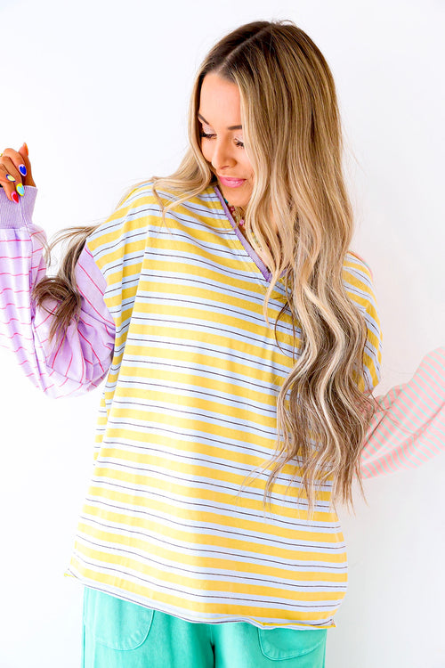 Mixed Signals Stripe V-Neck – Mustard/Purple
