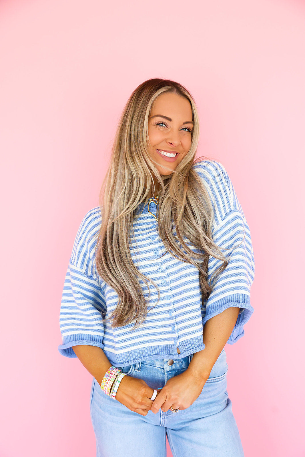 On Repeat Stripe Cardigan Top – Blue