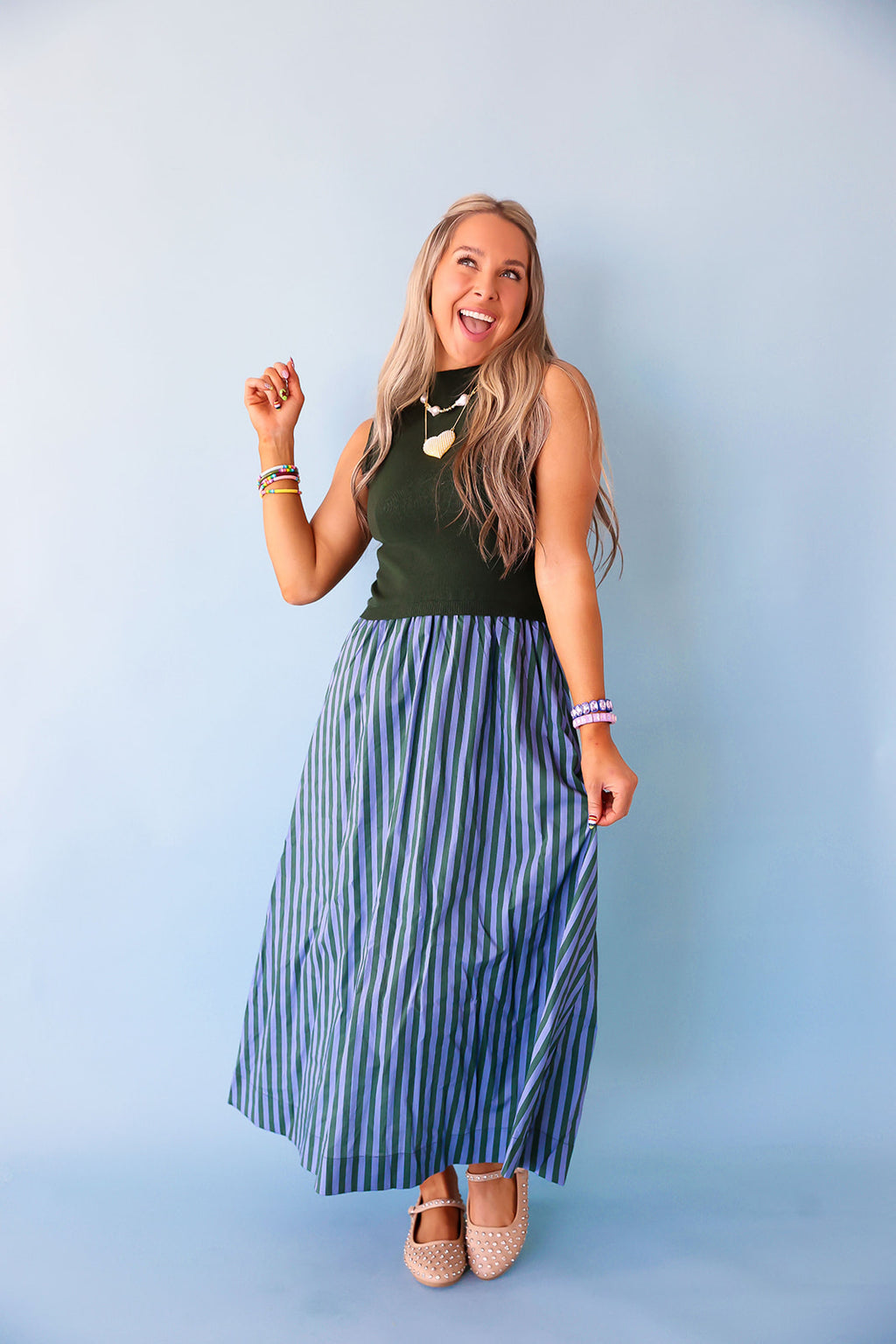 On The List Stripe Dress – Green/Blue