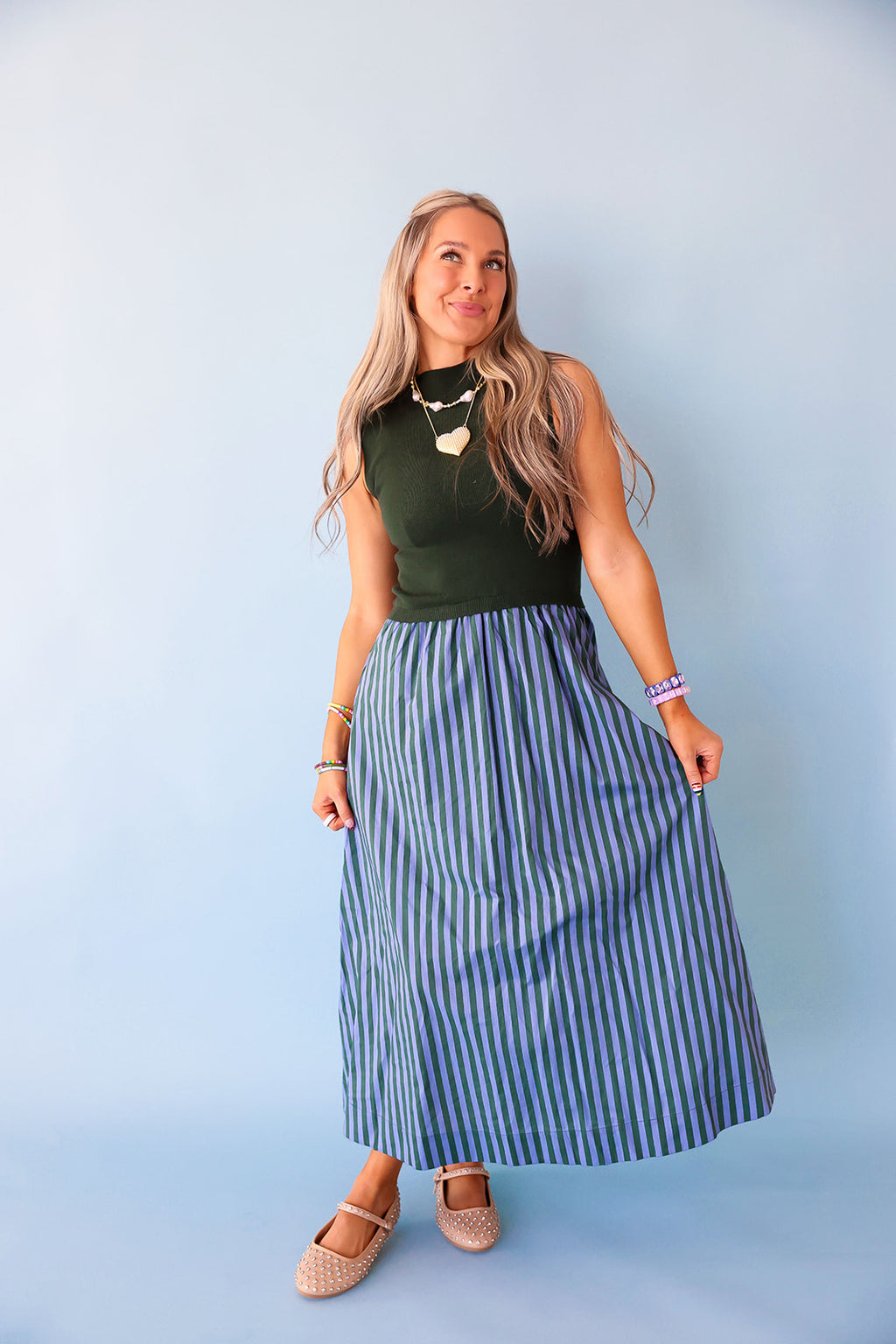 On The List Stripe Dress – Green/Blue