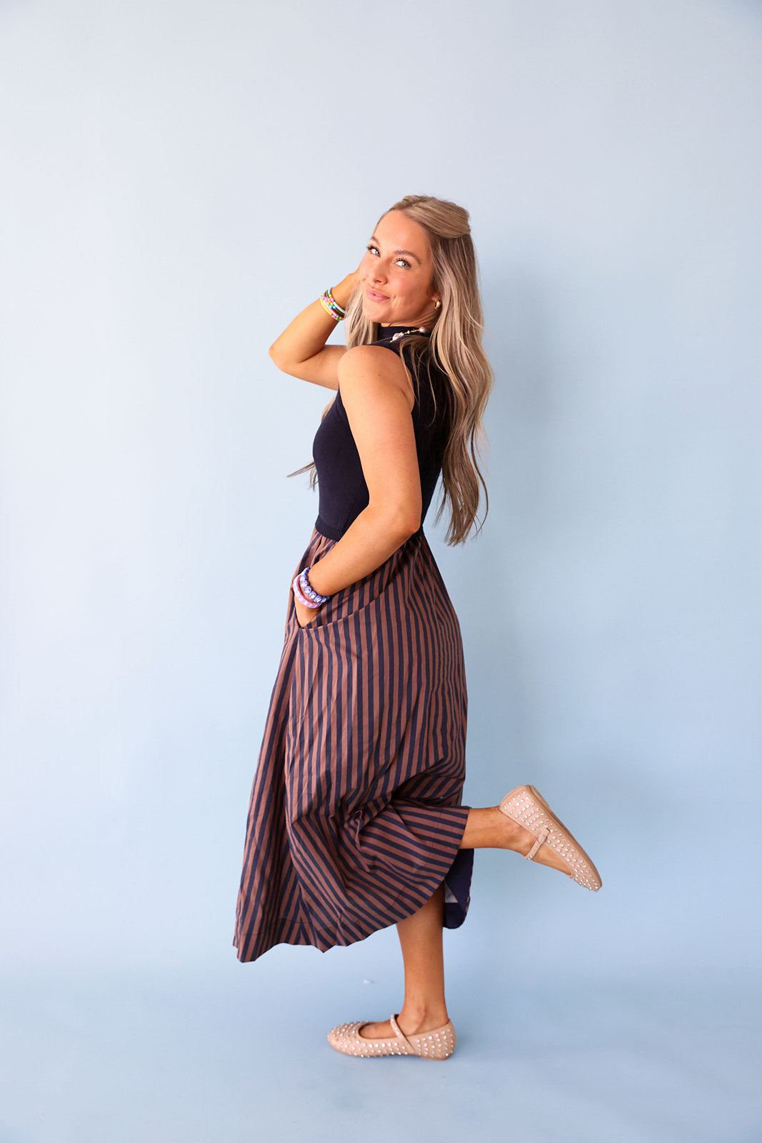 On The List Stripe Dress – Navy/Brown