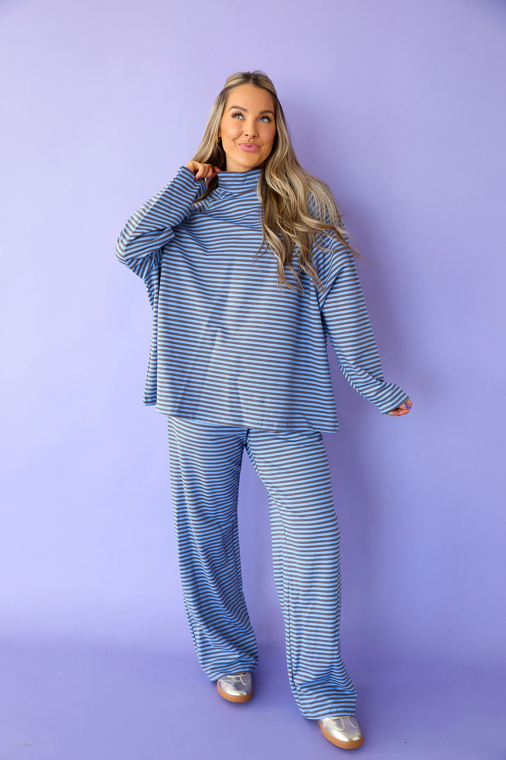 Running Out The Door Stripe Set- Dusty Blue/Charcoal