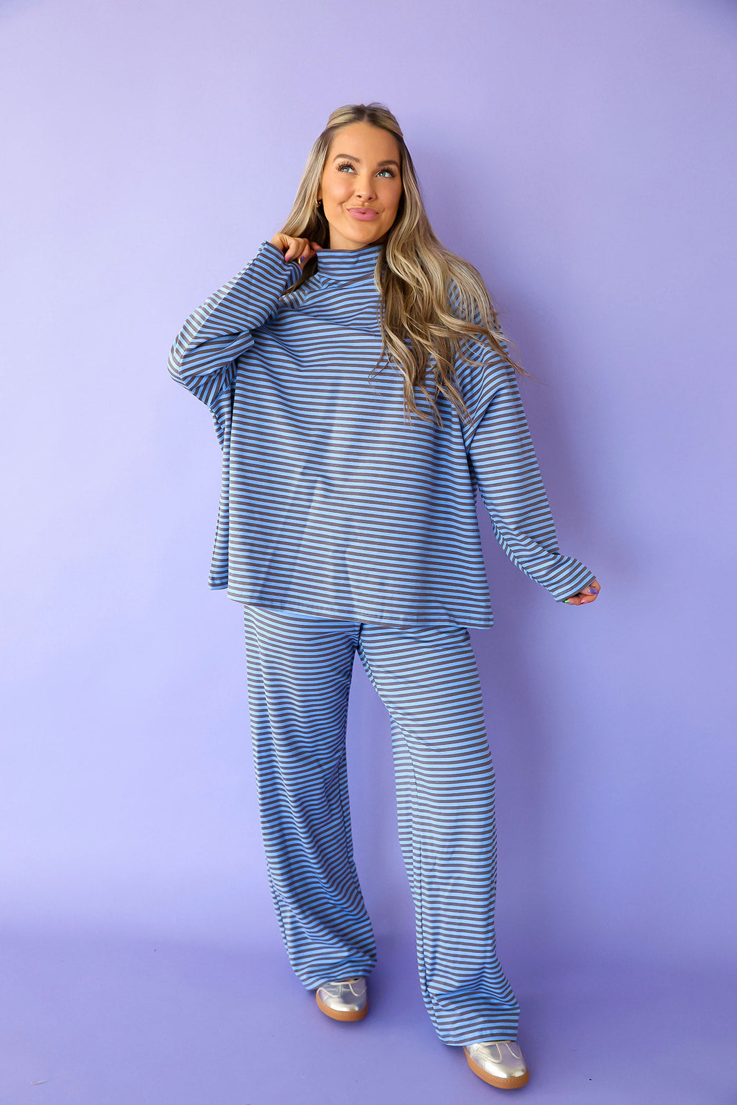 Running Out The Door Stripe Set- Dusty Blue/Charcoal