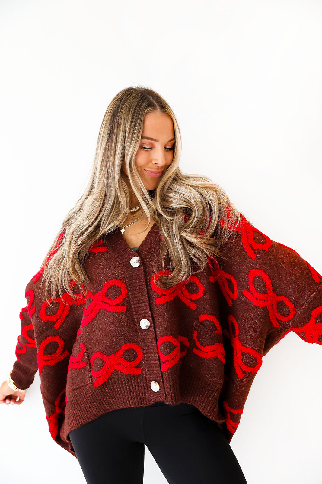 Oversized Bow Cardigan- Chocolate/Red
