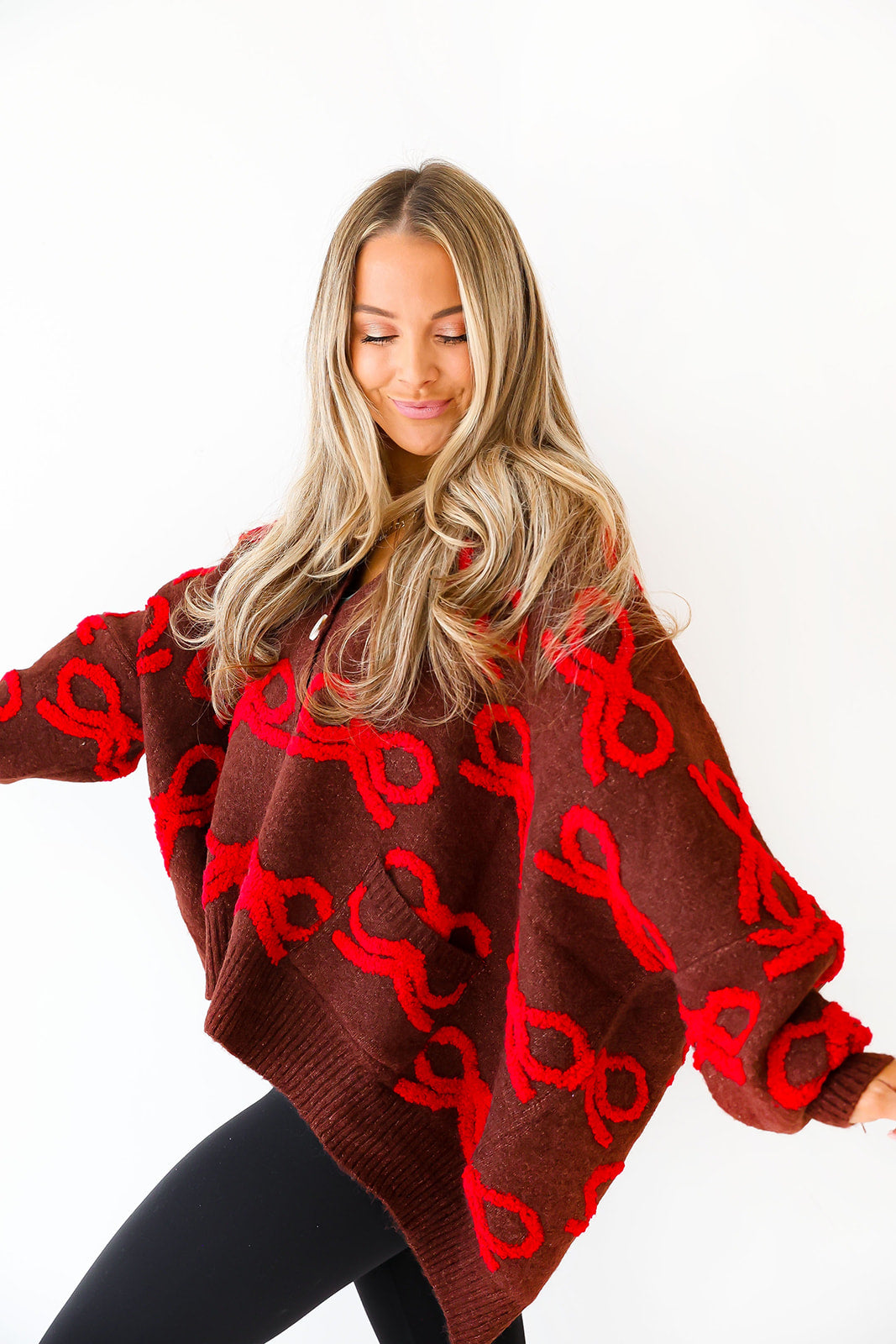 Oversized Bow Cardigan- Chocolate/Red