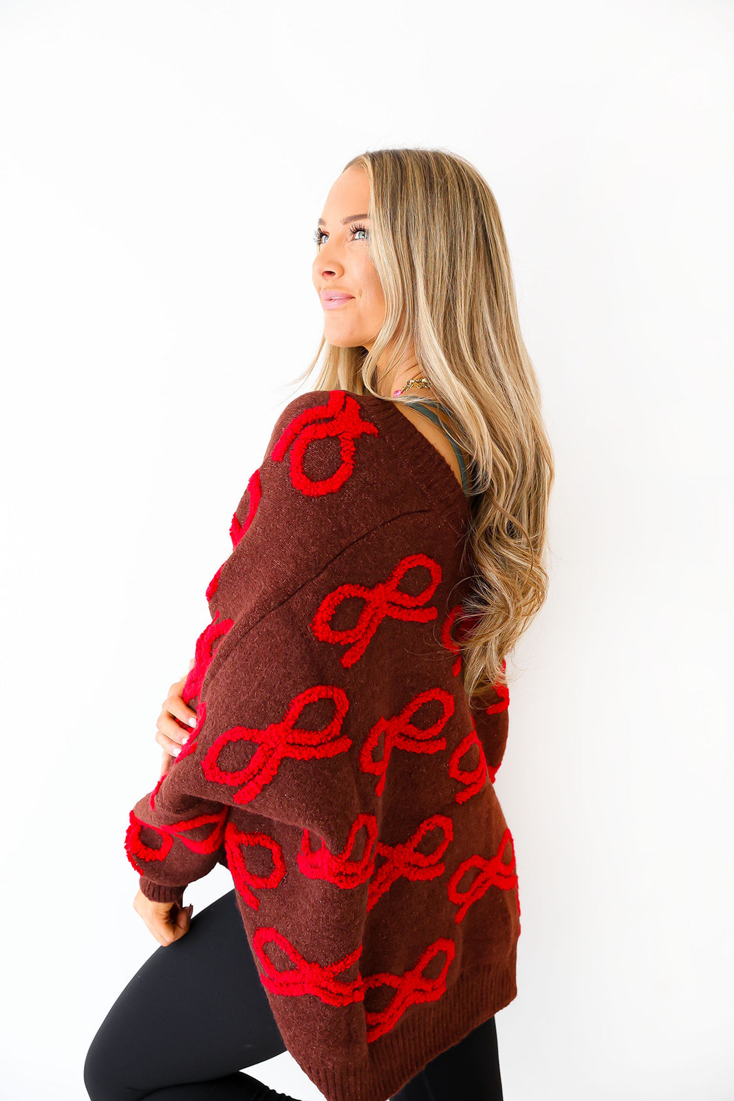 Oversized Bow Cardigan- Chocolate/Red