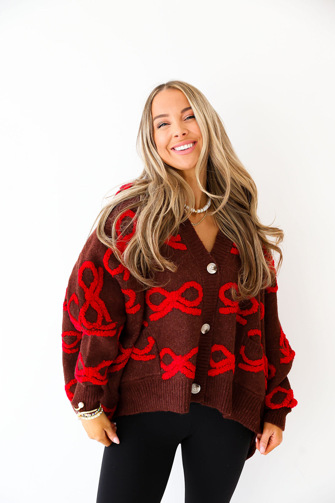 Oversized Bow Cardigan- Chocolate/Red