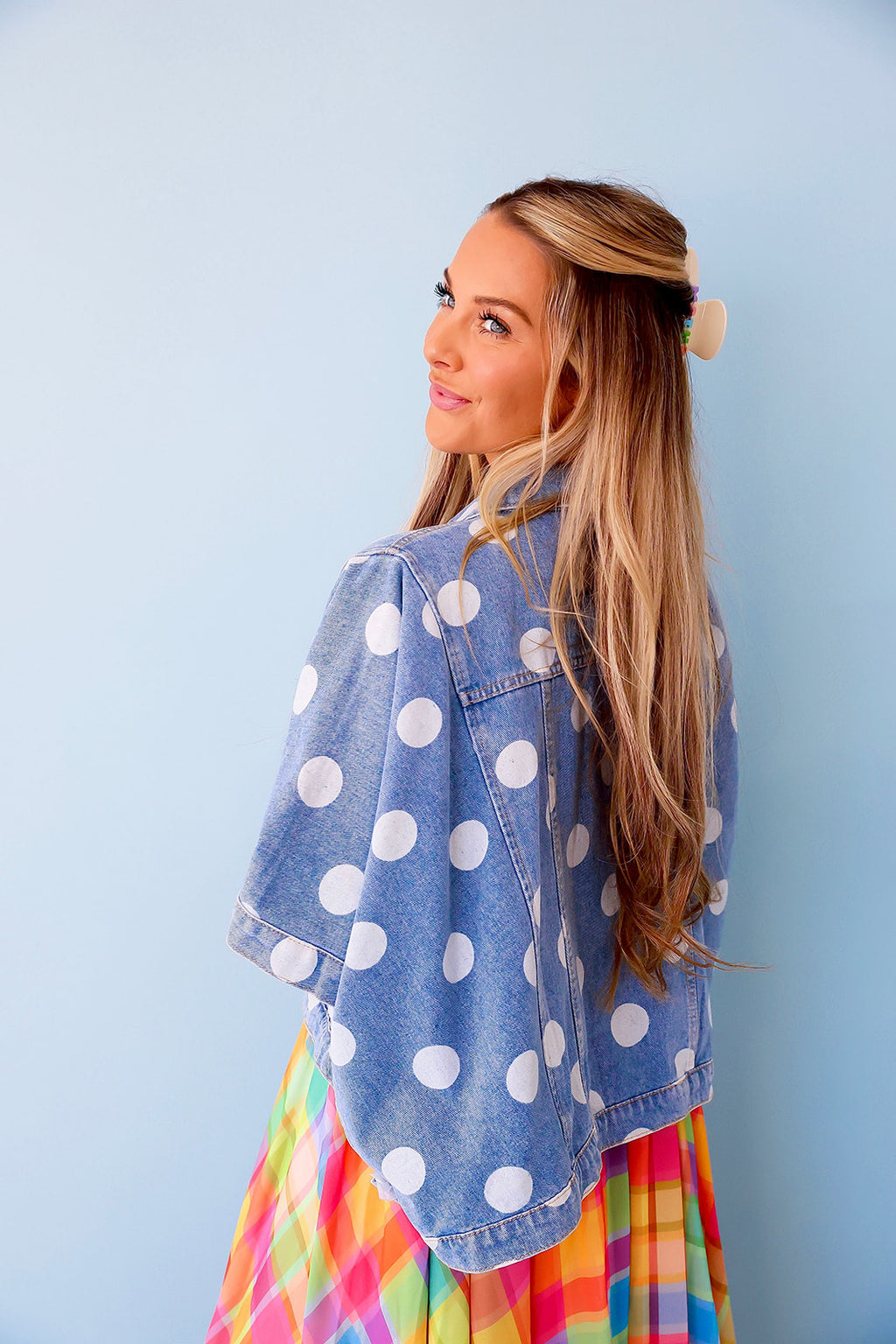 Polka Dot Denim Cape Jacket