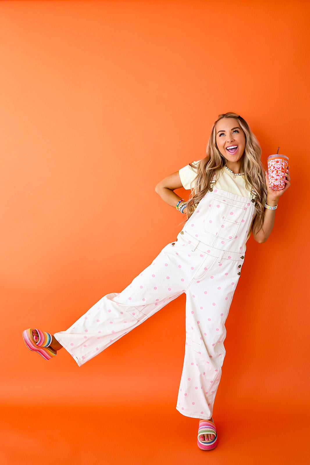 Extra Credit Polka Dot Overalls-Cream/Pink
