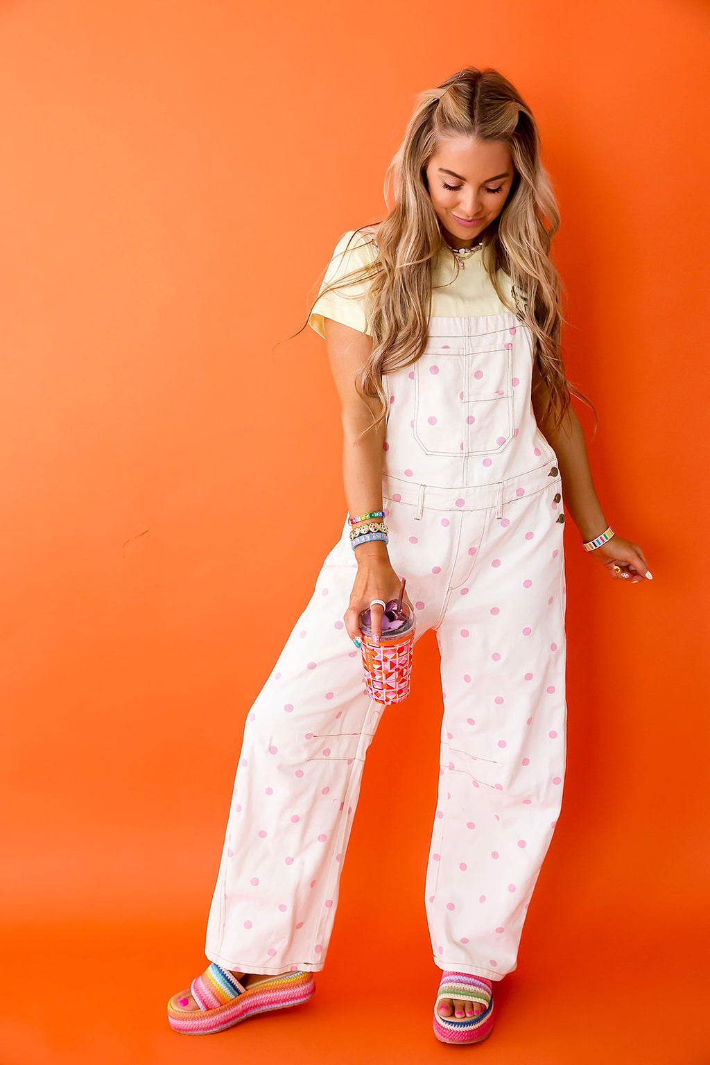 Extra Credit Polka Dot Overalls-Cream/Pink
