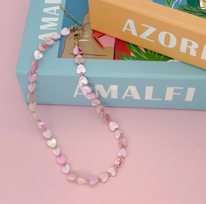 Heart Stone Necklace-Pink Marble
