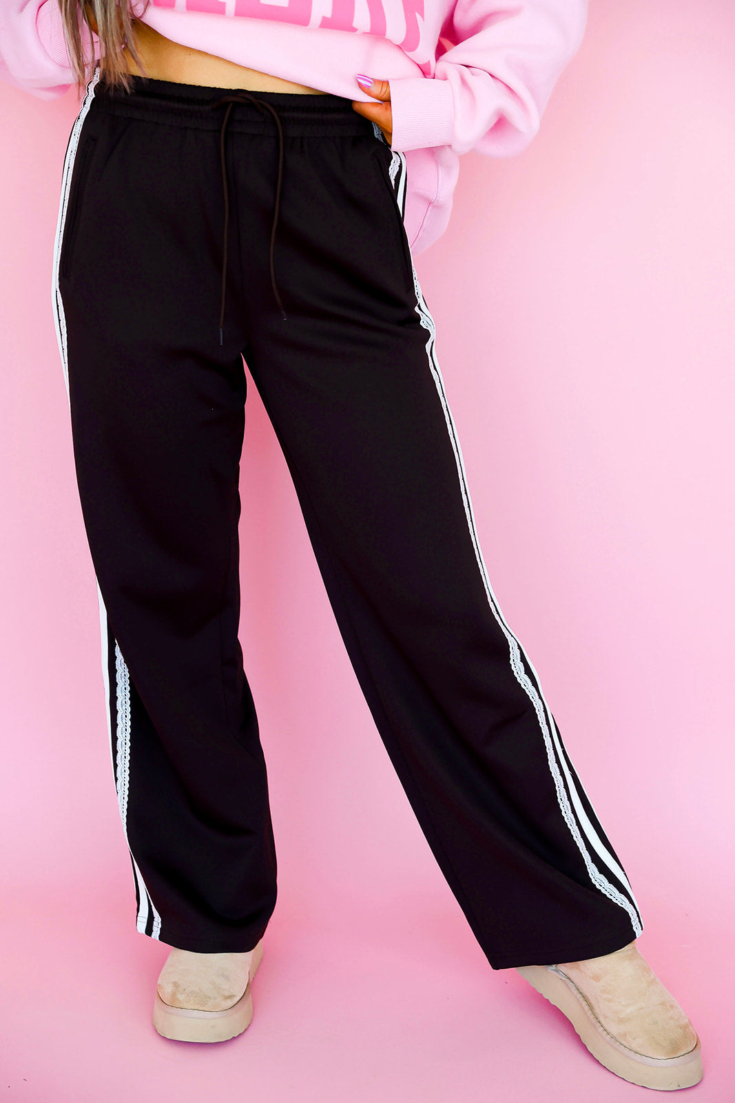 Sweet & Sporty Lace Trim Track Pants – Espresso – Shop Confetti Closet