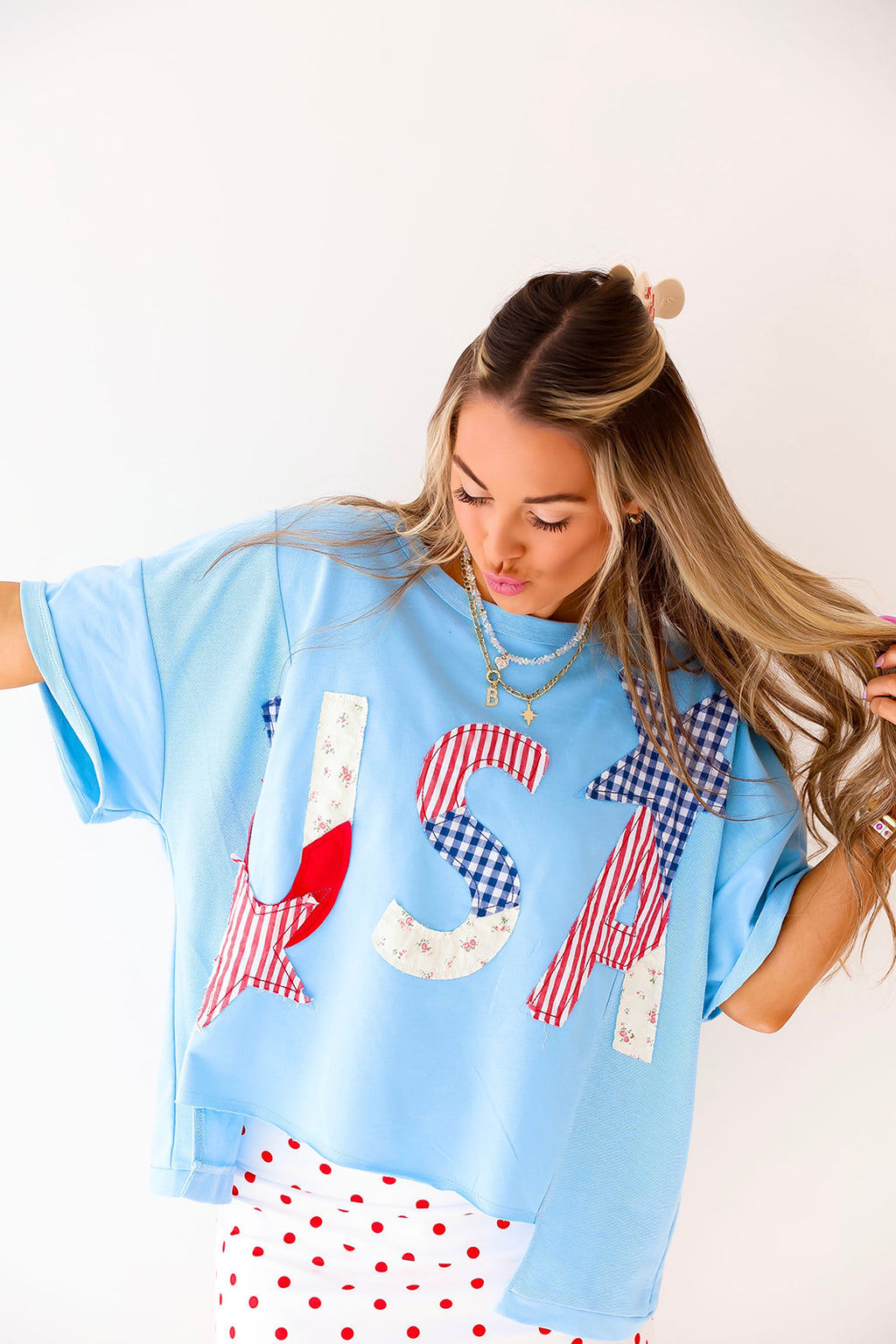 USA Patchwork Tee – Light Blue