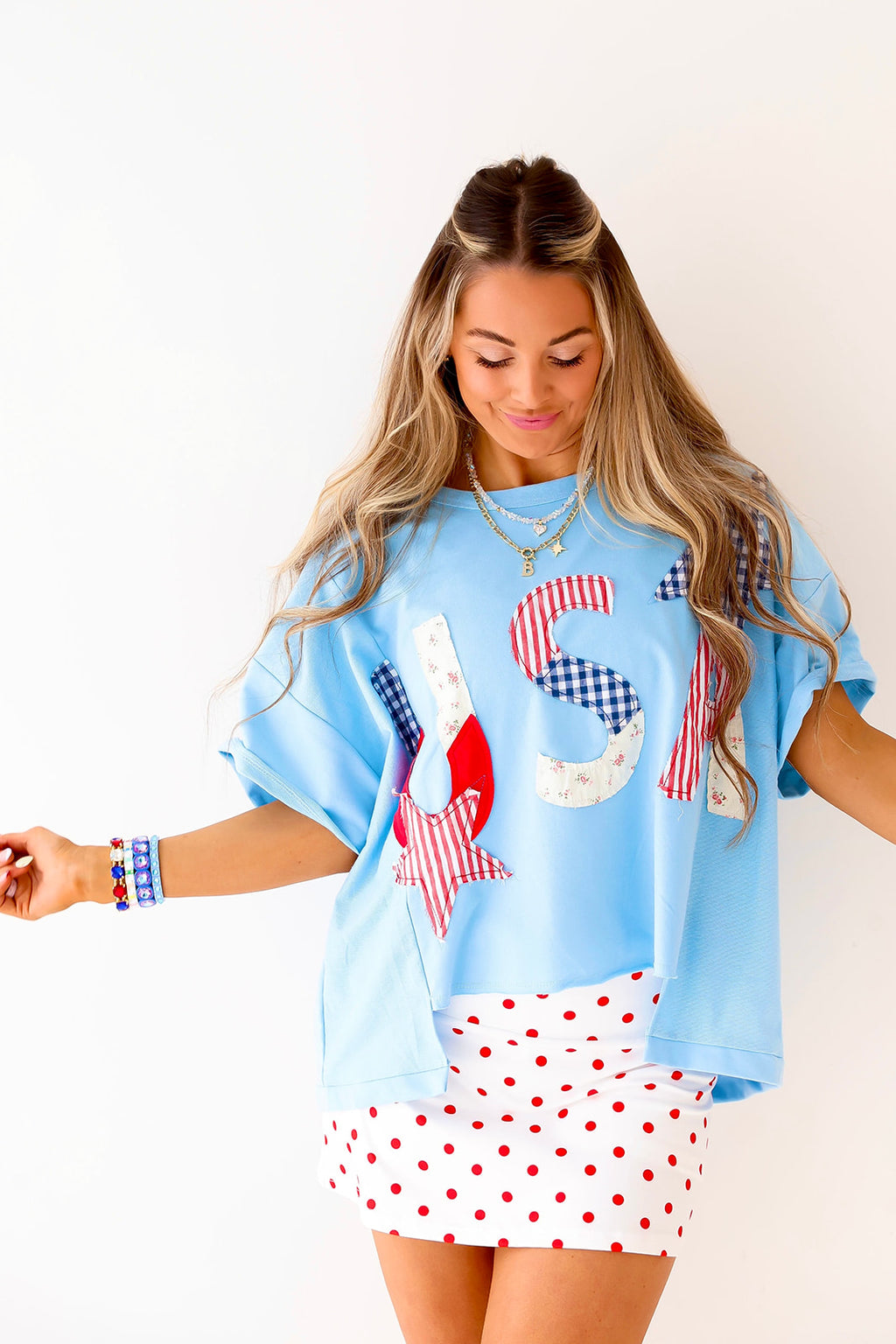 USA Patchwork Tee – Light Blue