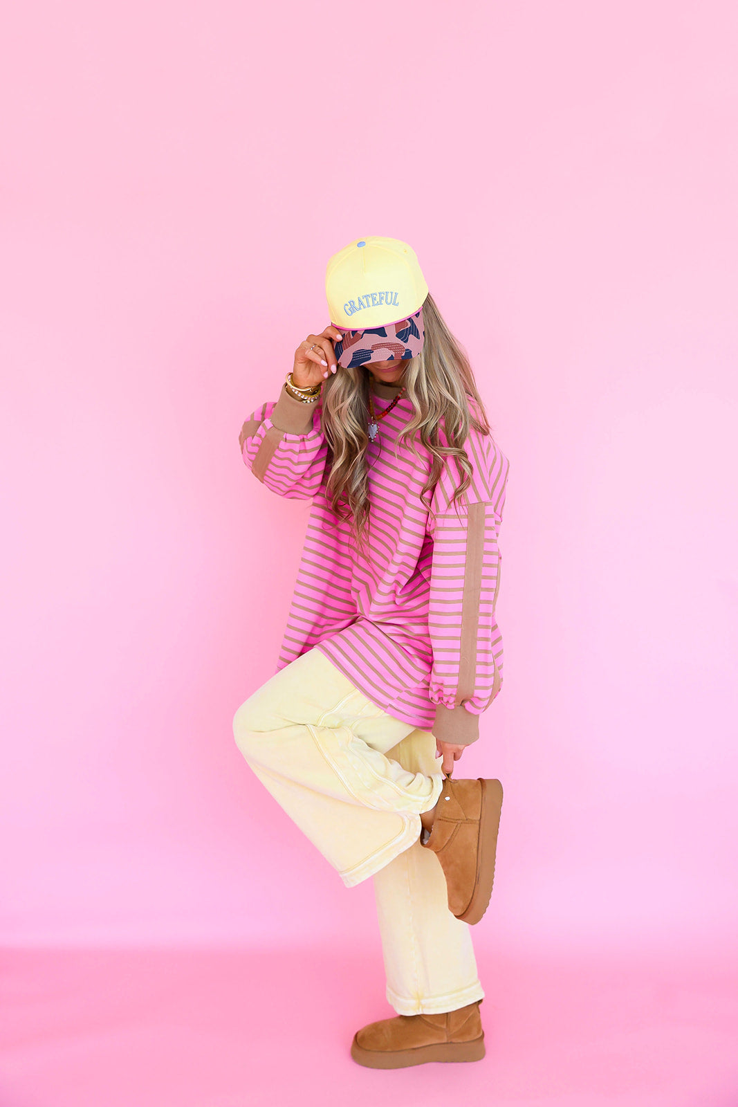 Varsity Drift Top- Pink/Tan