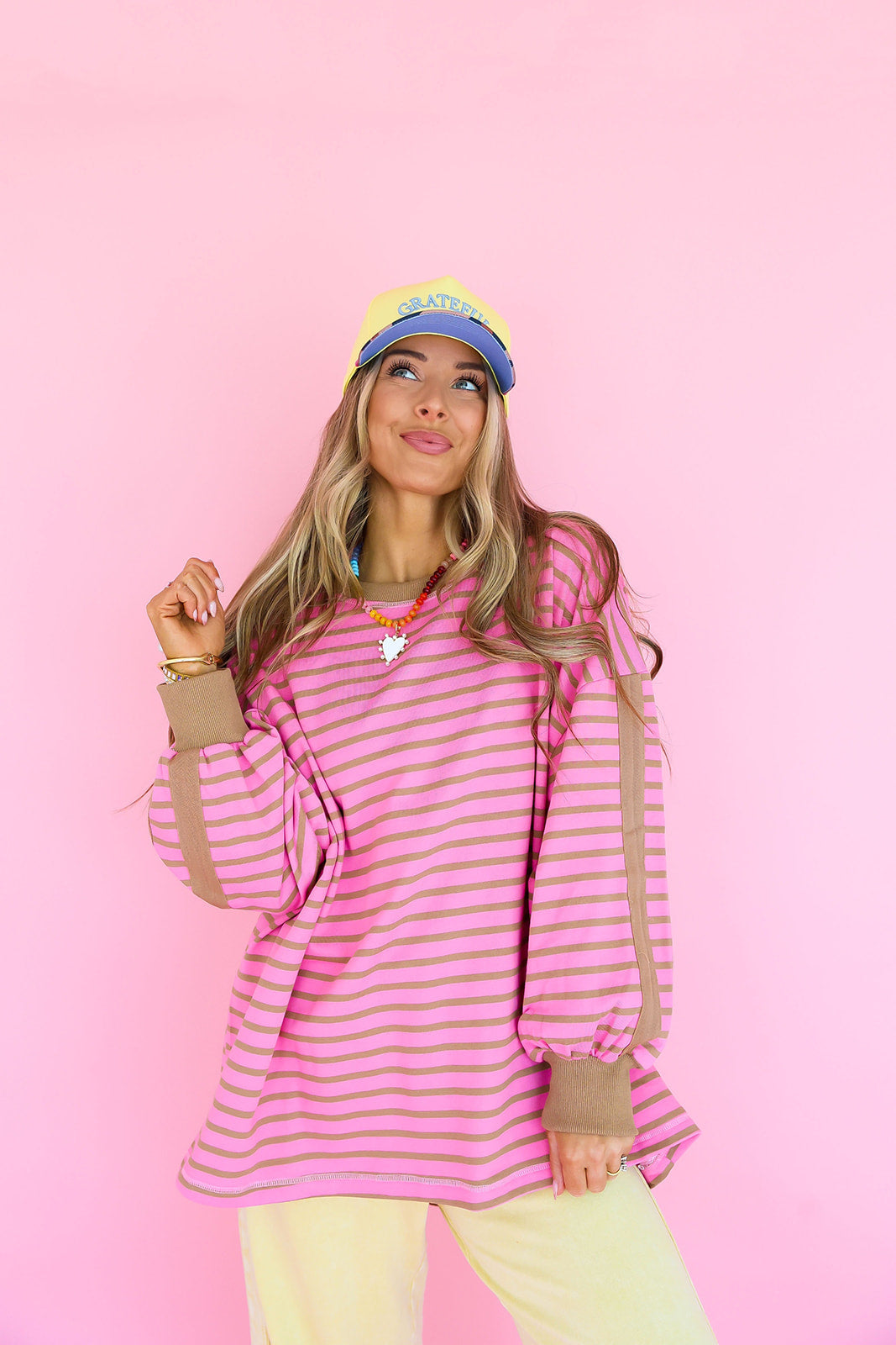 Varsity Drift Top- Pink/Tan