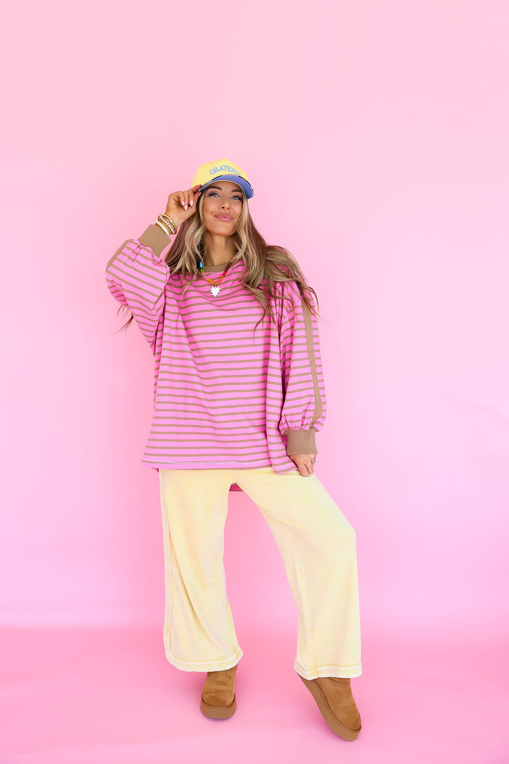 Varsity Drift Top- Pink/Tan