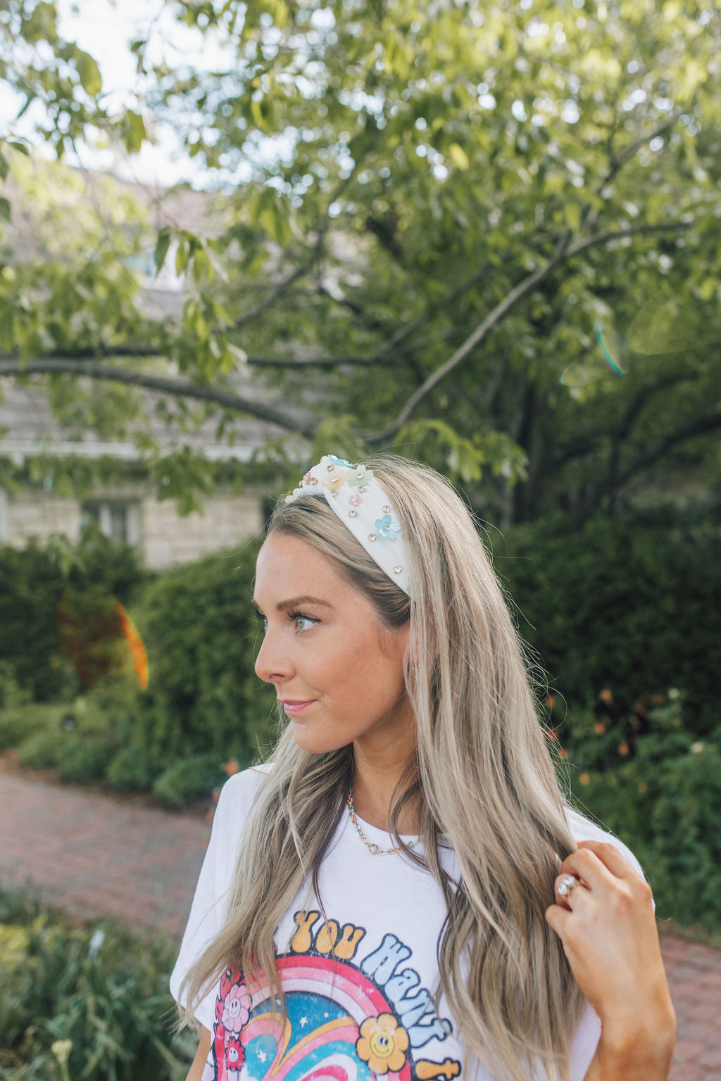 Floral Crystal Headband-White