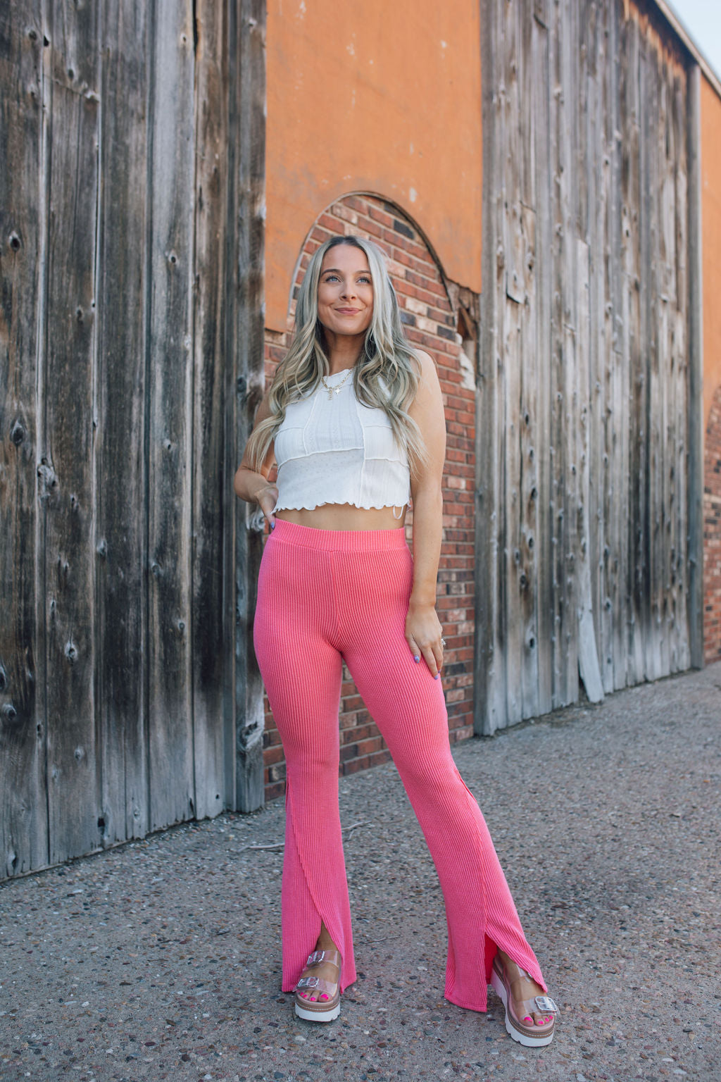 Peach Split Hem Flare Pants