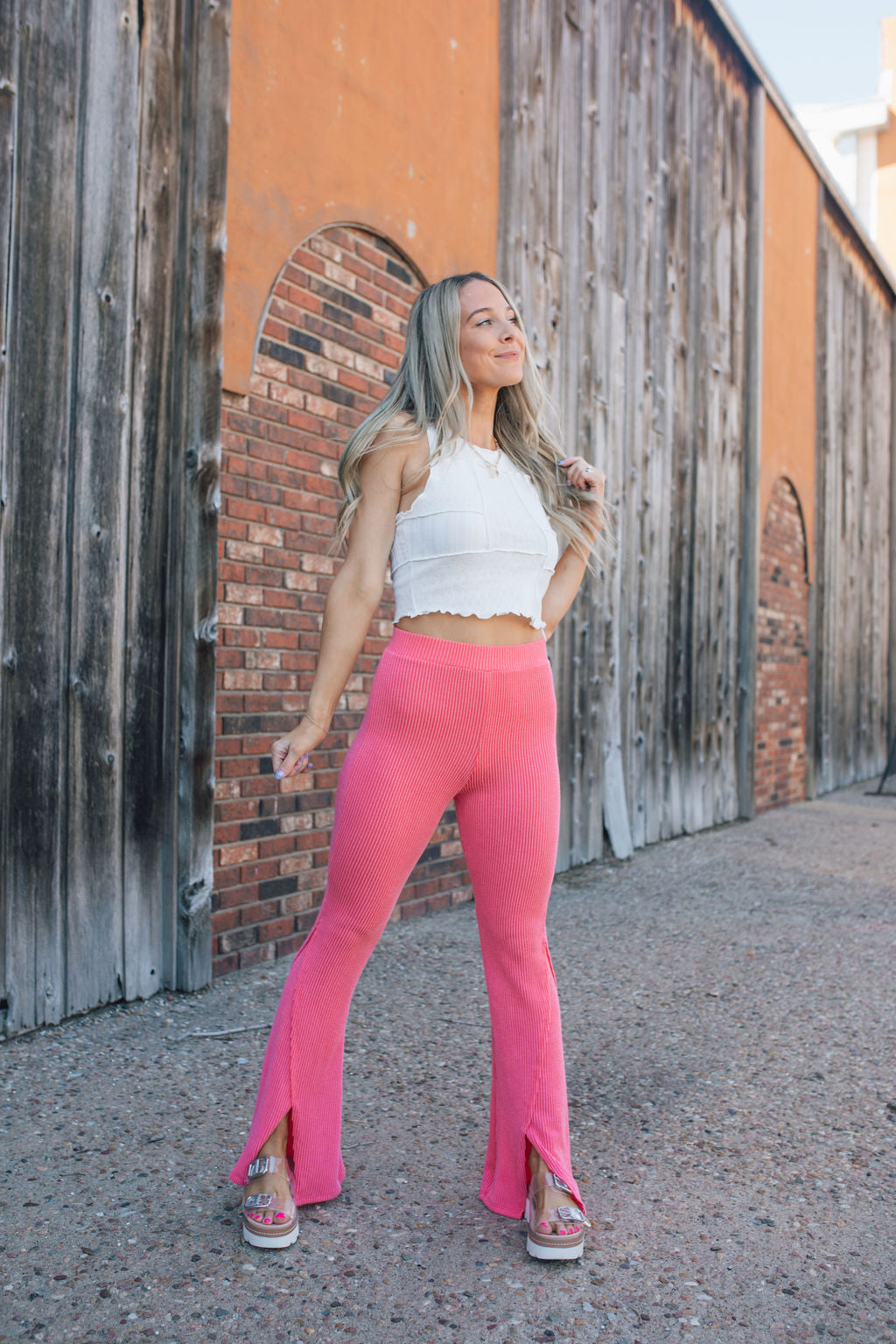 Peach Split Hem Flare Pants
