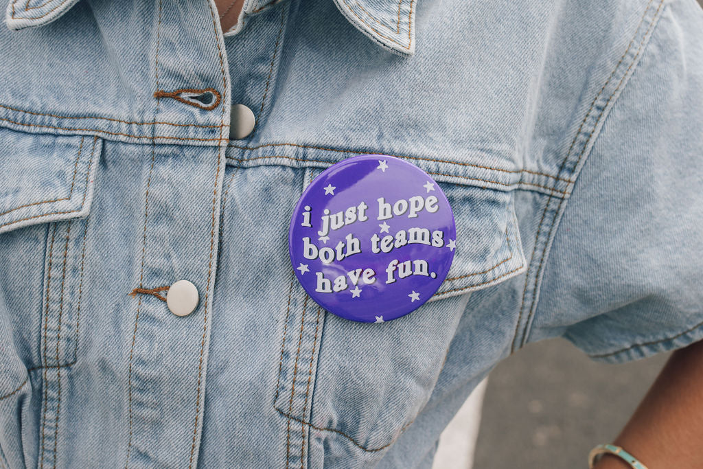 Both Teams Have Fun Gameday Button-Purple
