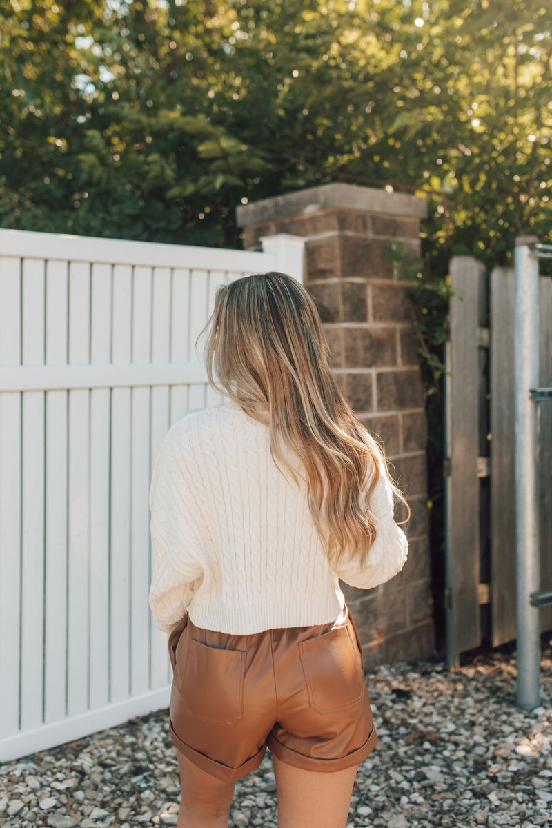 Cropped Cableknit Sweater-Ivory