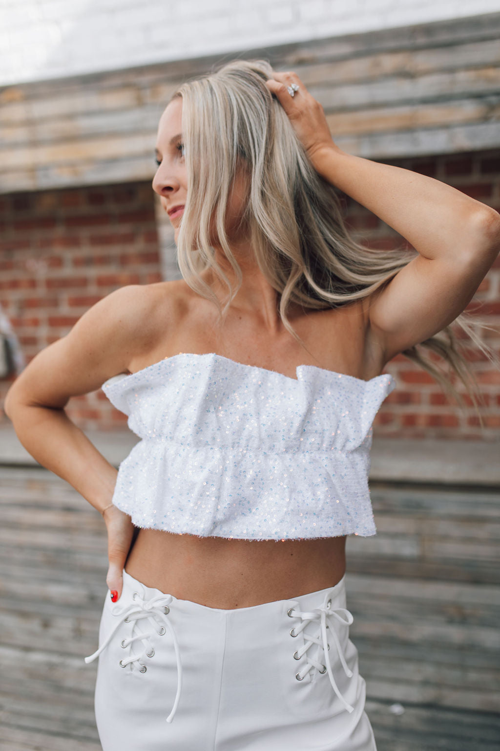 White Sequin Ruffle Tube Top