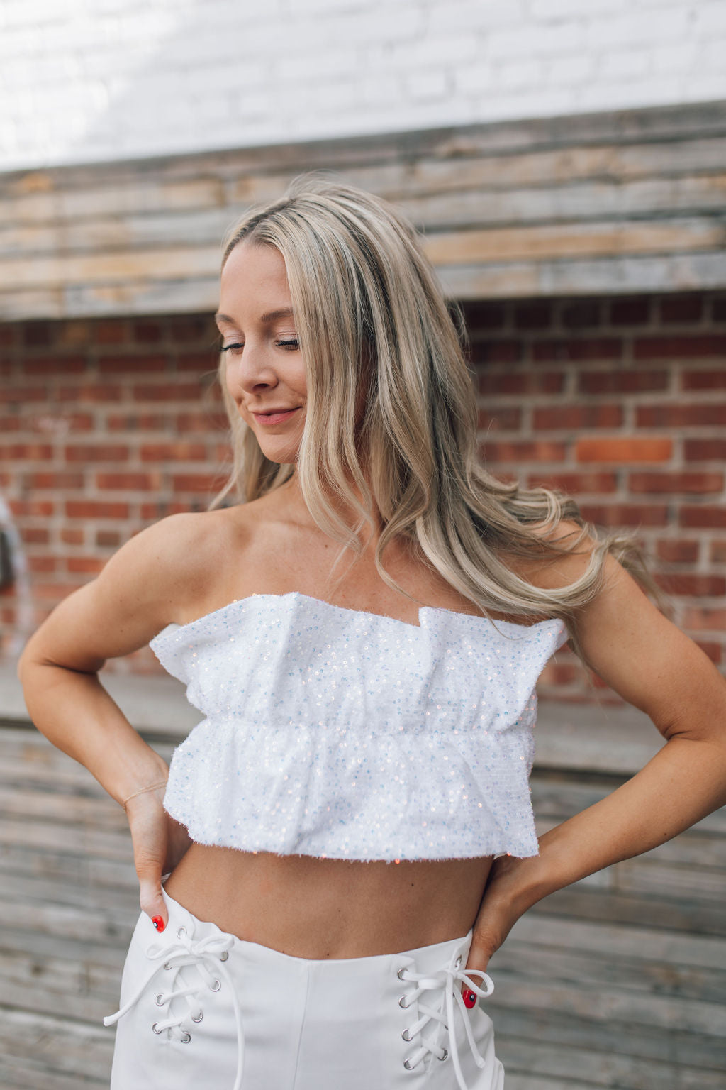 White Sequin Ruffle Tube Top
