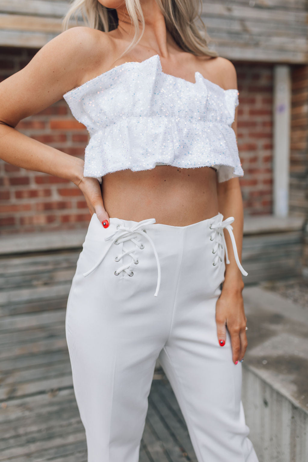 White Sequin Ruffle Tube Top