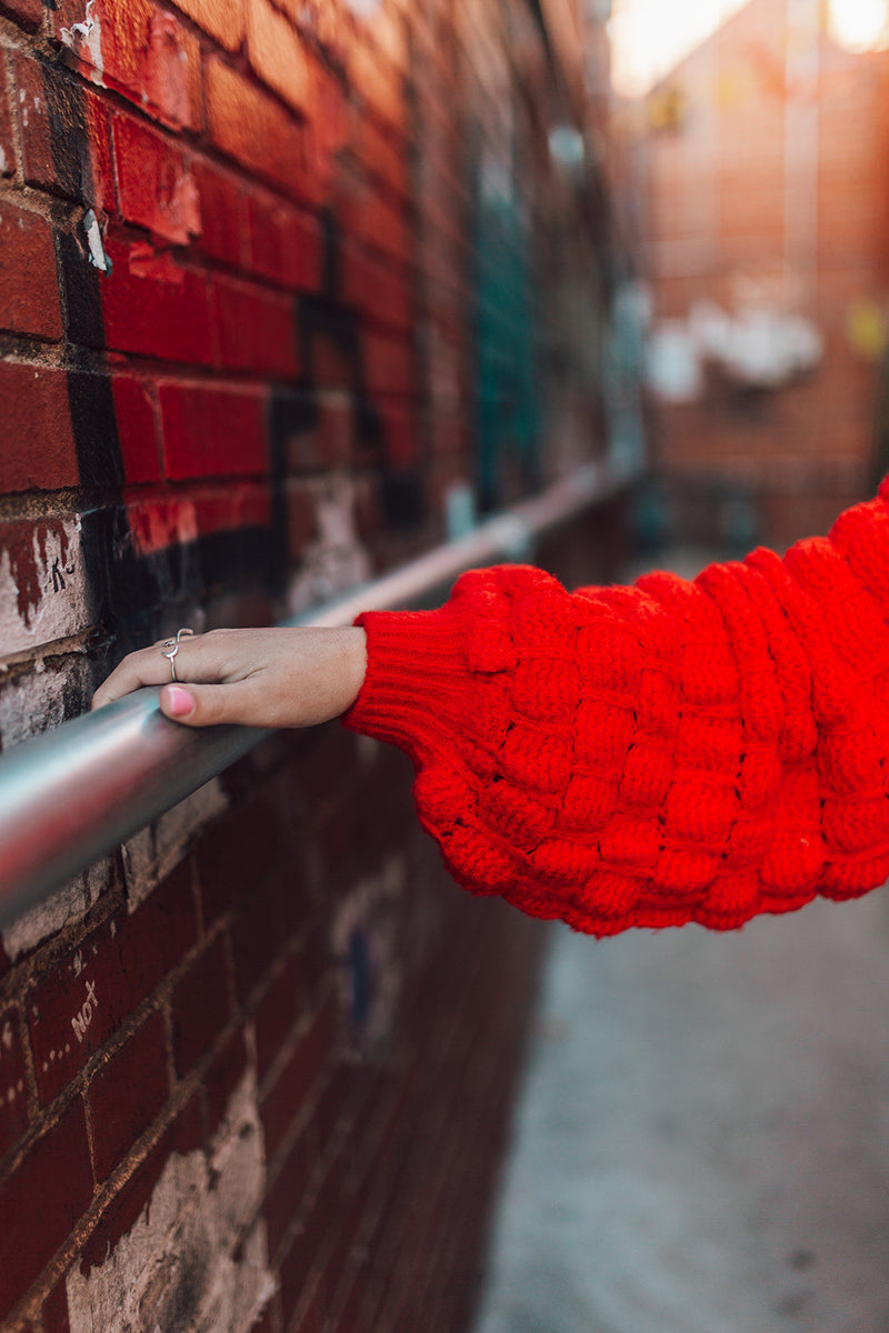 Bright Red Textured Sleeve Sweater