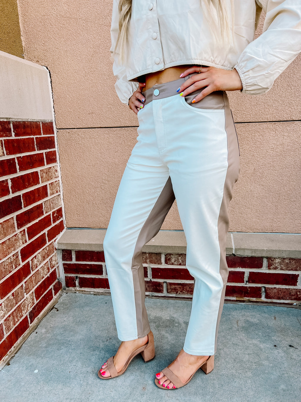 Ivory/Taupe Contrast Leather Pants
