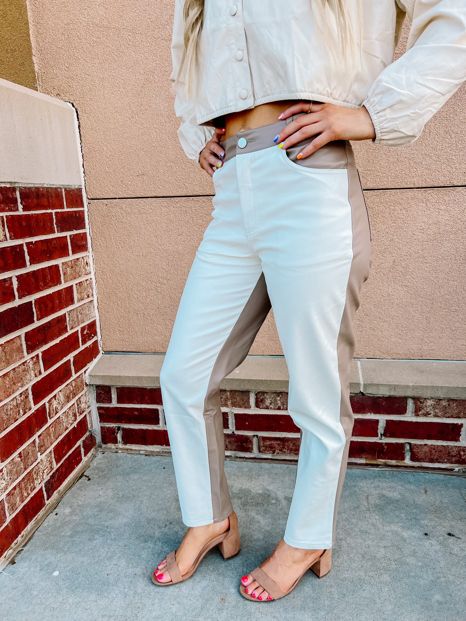 Ivory/Taupe Contrast Leather Pants