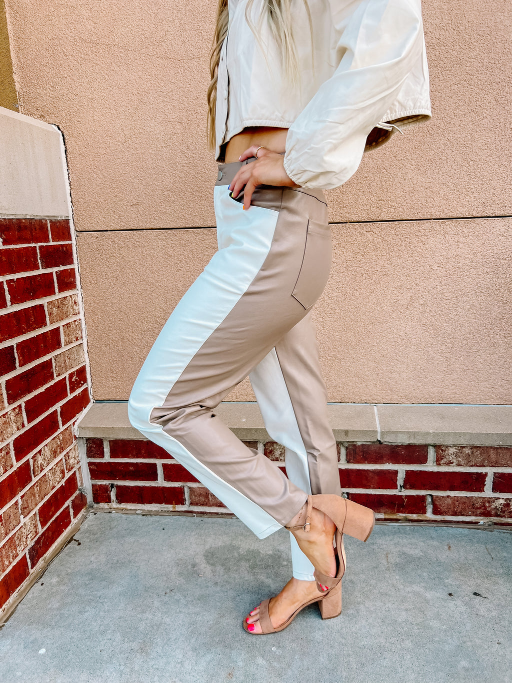 Ivory/Taupe Contrast Leather Pants
