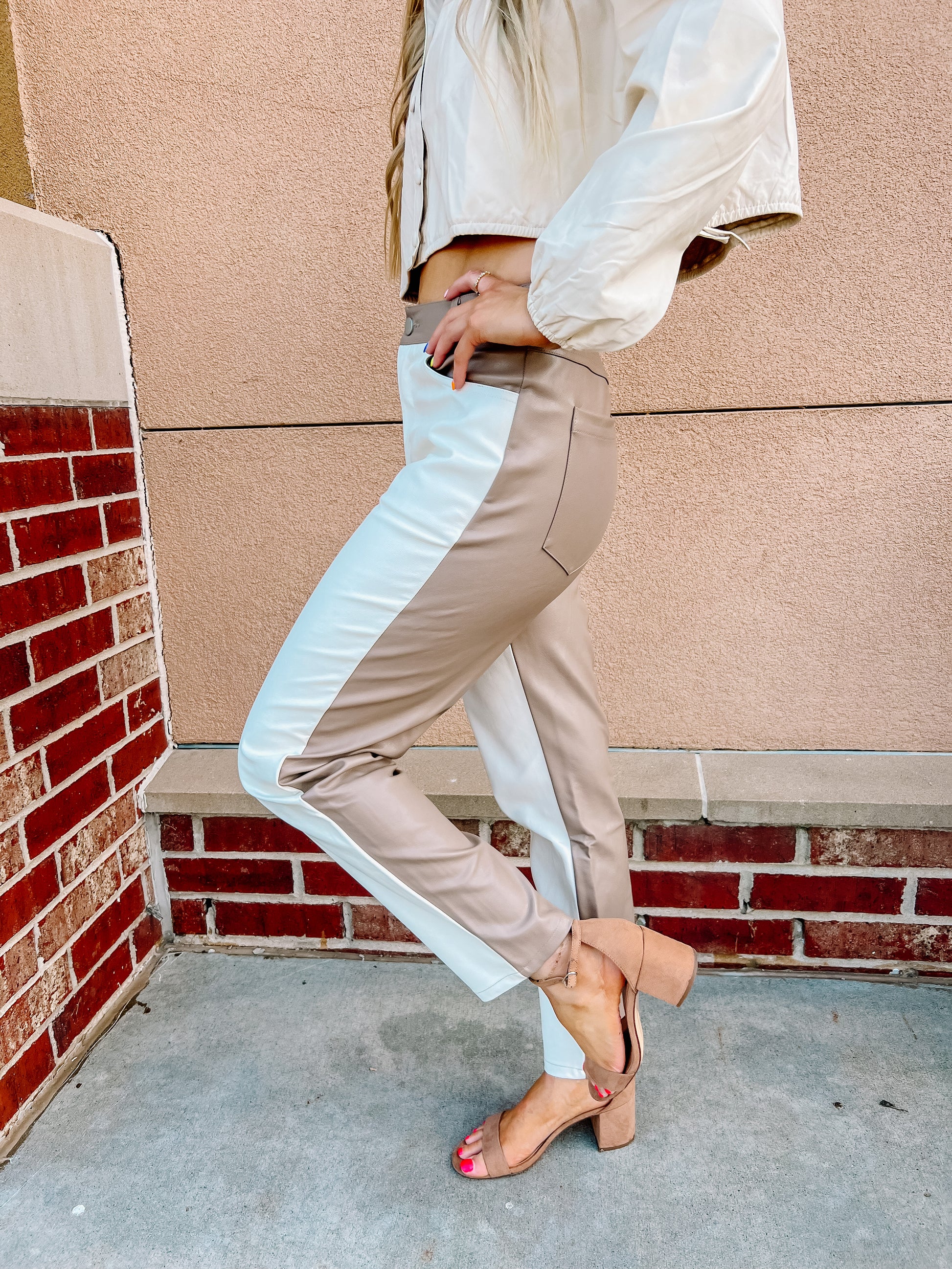 Ivory/Taupe Contrast Leather Pants