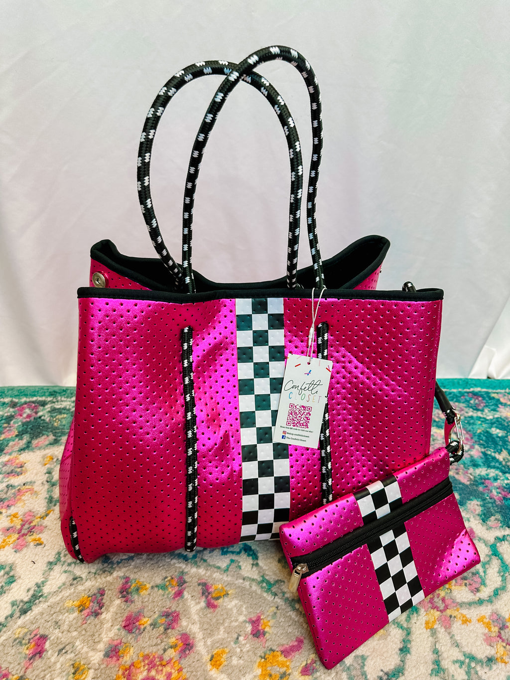 Metallic Pink Checkered Neoprene Bag